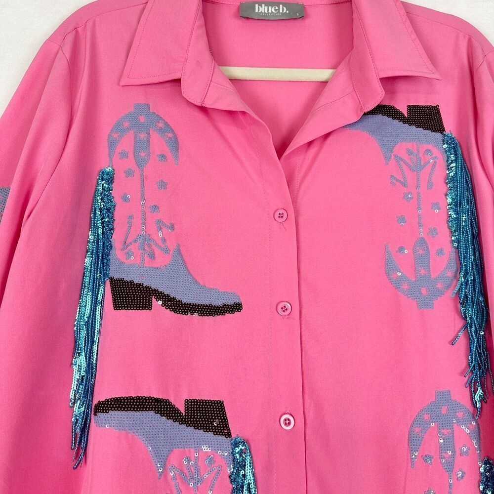 Blue B Western Cowboy Fringe Boots Shirt Size Large Rodeo Festival Sequin - Picture 4 of 7